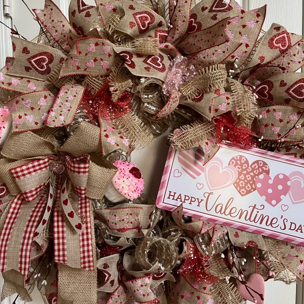 HUGE Valentines Day Wreath 28” Burlap Farmhouse Rustic Pink Red Hearts XLARGE